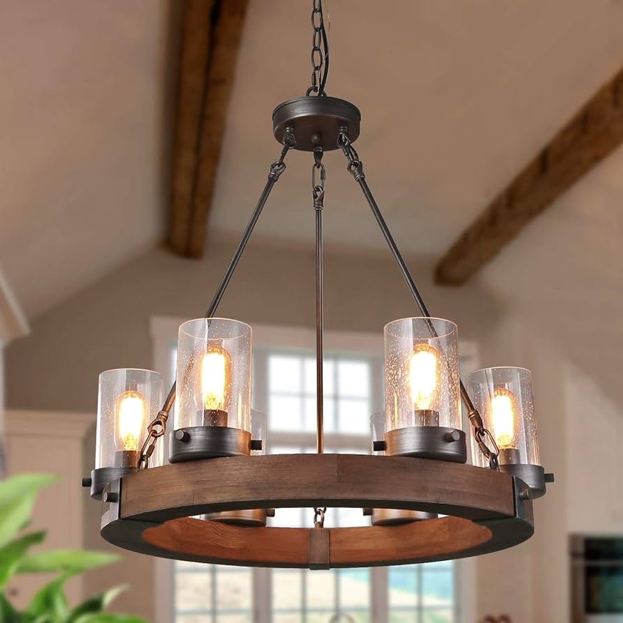 GEPOW Farmhouse Wood Chandelier, Round Wagon Wheel Light